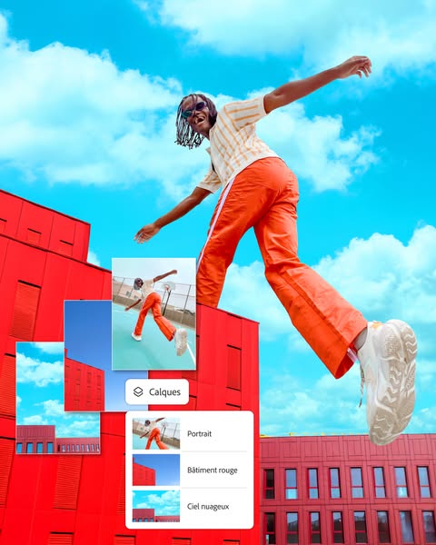 This ad showcases the photo editing capabilities of a software, featuring a person jumping in front of a red building an