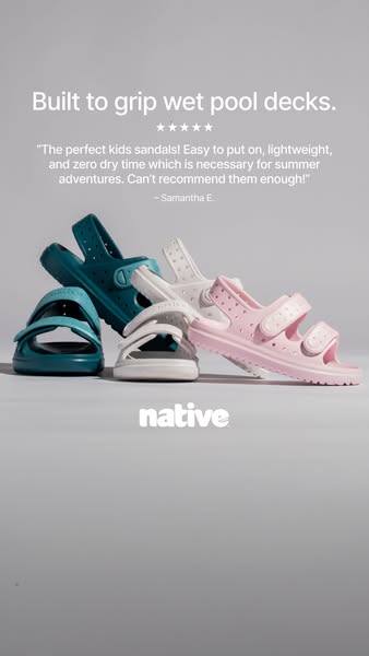The ad features three pairs of Native brand sandals of different colors and styles. The product is positioned as lightwe