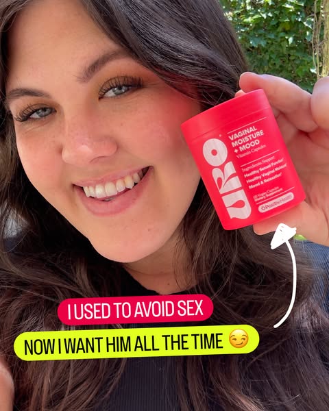 A woman holds a bottle of URO vaginal moisture and mood vitamins. Text overlaid on the image shows that she used to avoi