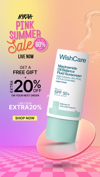The ad features a product shot for WishCare sunscreen in front of a geometric backdrop, overlaid with sale details for t