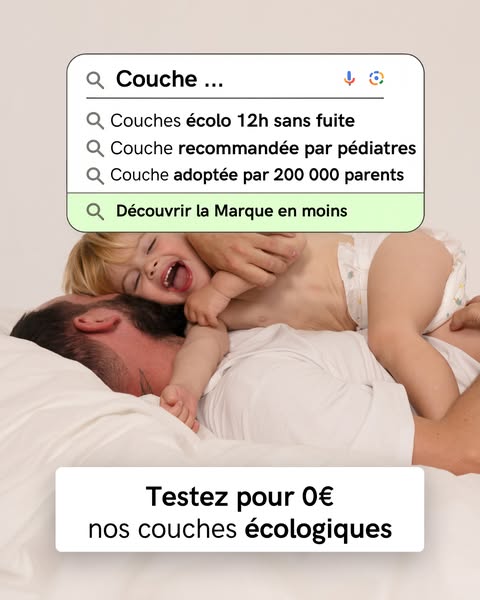 An ad for ecological diapers. The ad is in the format of a search bar on a phone with suggested searches for the product