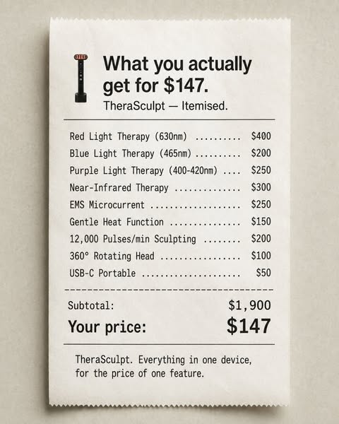 This ad features a visual of a receipt that itemizes the features of the TheraSculpt device, each with its own dollar am