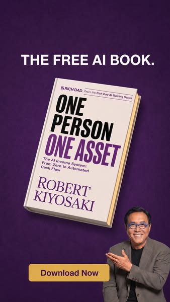 This ad promotes Robert Kiyosaki's new book, "One Person One Asset", offering it as a free AI book to down