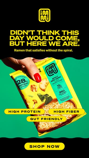 This image ad for immi ramen features a bright yellow package of spicy red miso ramen in the hand of a person with red n