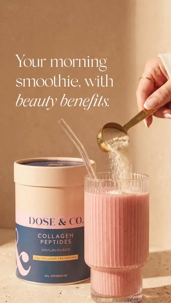 This ad promotes Dose & Co. collagen peptides as an addition to a morning smoothie for beauty benefits. It visually 