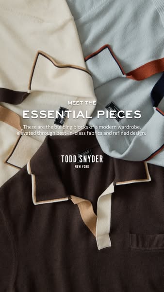 This image ad showcases Todd Snyder's essential pieces, emphasizing their modern wardrobe building blocks, elevated 