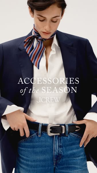 This J.Crew image ad promotes the brand's accessories for the season, showcasing a scarf and belt worn by a model in