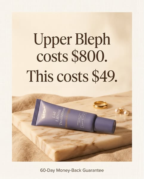 The image ad highlights the high cost of upper blepharoplasty surgery and positions a lid lifting treatment as a more af