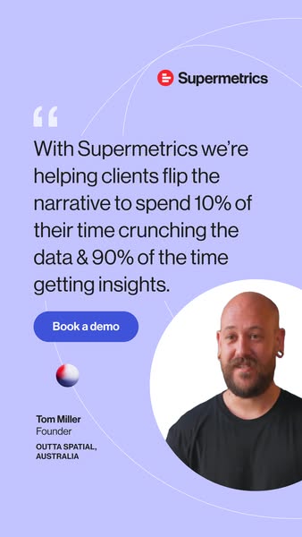 The ad features a testimonial from Tom Miller, the founder of OUTTA SPATIAL, AUSTRALIA, who discusses how Supermetrics h