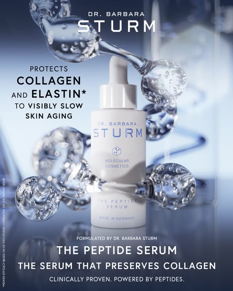 This image ad for Dr. Barbara Sturm's The Peptide Serum emphasizes its collagen-preserving and anti-aging properties