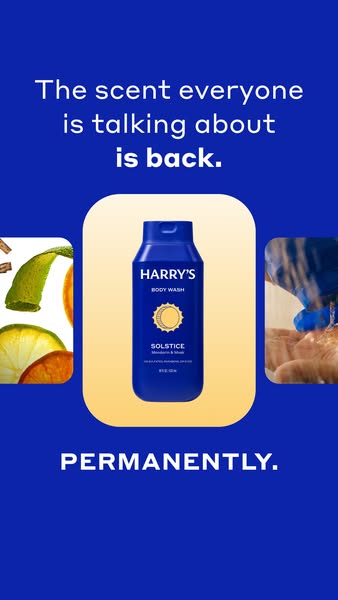 An image promoting the return of Harry's Solstice body wash, emphasizing its popularity and permanent availability.