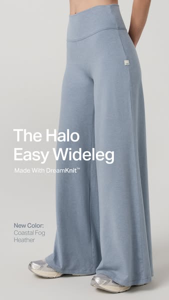 This image ad features a new color of the Halo Easy Wideleg pant from the brand, with a light and airy feel.