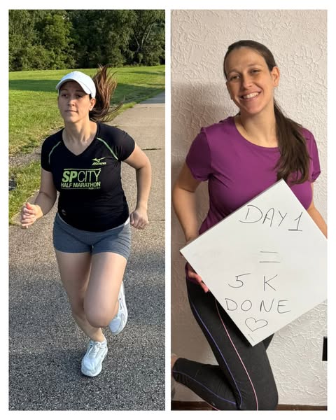This ad shows a woman running before and after starting a 5k running program. She is smiling and holding a sign saying s