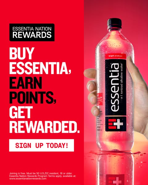 This is an advertisement for Essentia water and its rewards program. The ad features a bottle of Essentia water being he