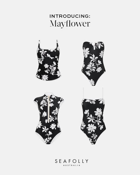 This ad showcases four different swimsuit styles with a consistent black and white floral print.