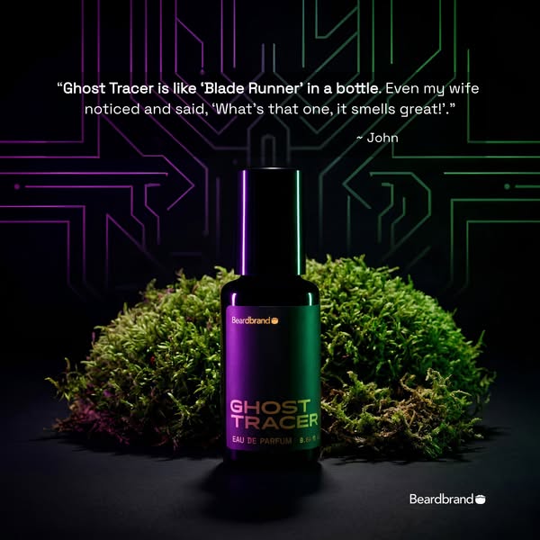 This ad features a perfume called 'Ghost Tracer' from Beardbrand. The image showcases the product bottle against