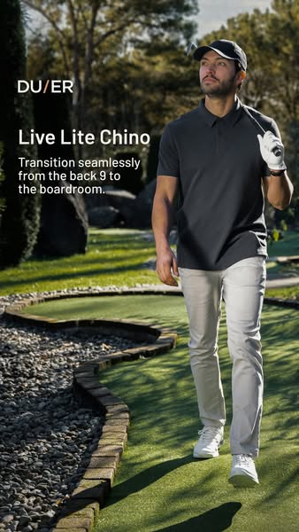 This image ad showcases DU/ER's Live Lite Chino pants, emphasizing their versatility for transitioning from leisure 