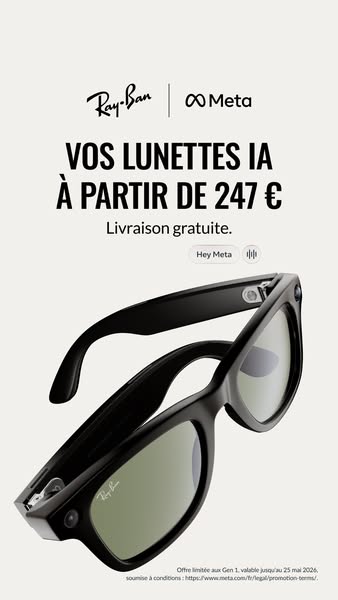 This ad promotes Ray-Ban Meta smart glasses, highlighting their starting price of €247 and free shipping.