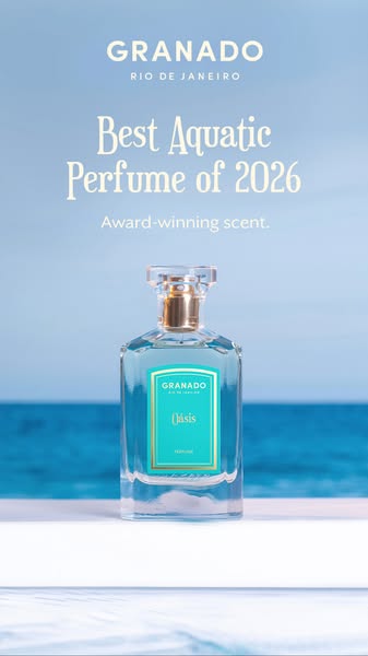 This ad showcases Granado's Oasis perfume, promoting it as the best aquatic perfume of 2026 and highlighting its awa
