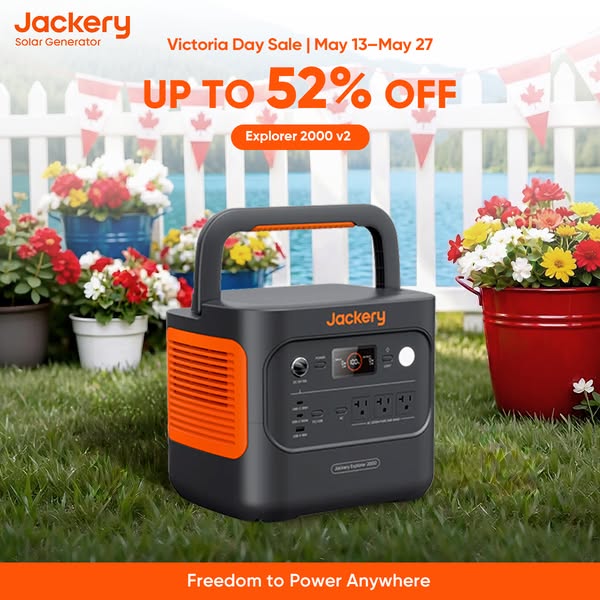 This image ad promotes Jackery's Explorer 2000 v2 solar generator with a Victoria Day sale offering up to 52% off. T