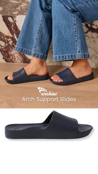 This ad features arch support slides. The top half of the ad features a woman sitting while wearing the slides. The bott