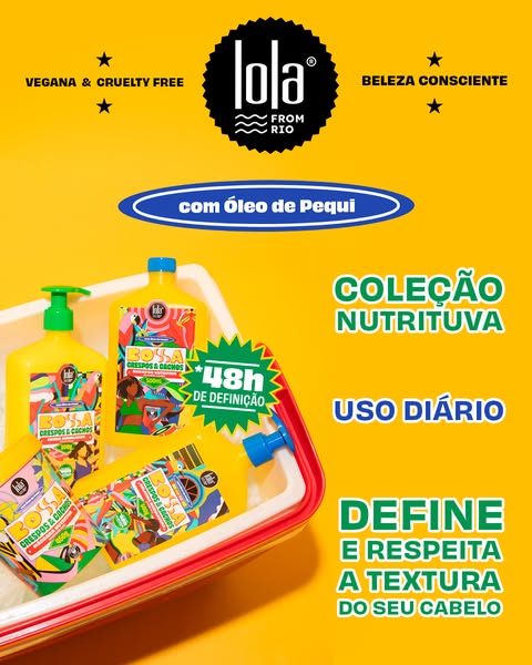 Ad for Lola From Rio hair products for coily and curly hair, featuring the product line in a red and white container on