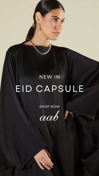 This ad showcases Aab's new Eid capsule collection, featuring a woman in a long black gown. The ad uses a clean, min