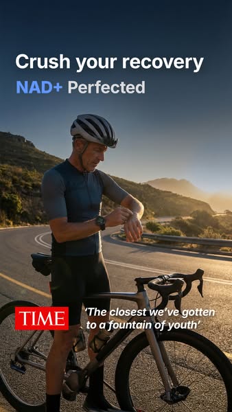 This image ad promotes NAD+ supplements for recovery, targeting athletes and active individuals. It features a cyclist c