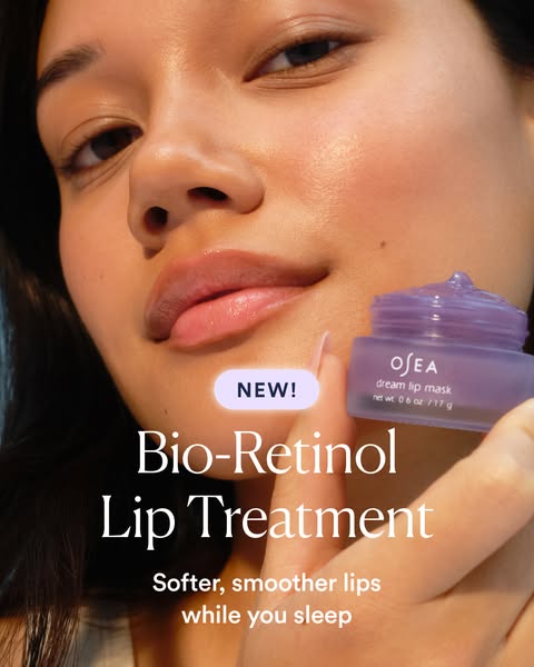 This ad promotes OSEA's bio-retinol lip treatment that softens lips while you sleep.