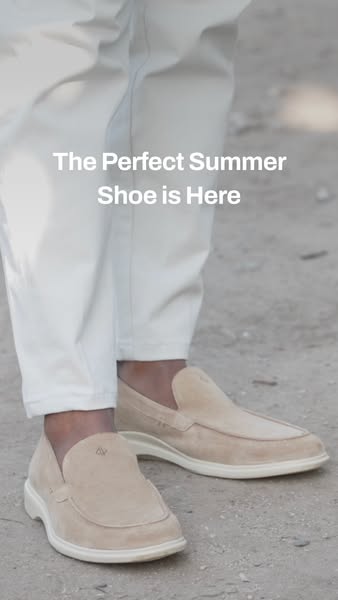 This image ad showcases a man wearing light tan-colored suede slip-on shoes, which the ad claims are "The Perfect S