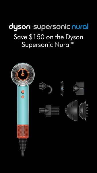 This ad features the Dyson Supersonic Nural hair dryer in a product shot with a discount offer.