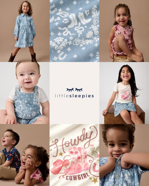 A grid of 9 square images features children of different ages modeling Little Sleepies clothing. The collage’s center sq