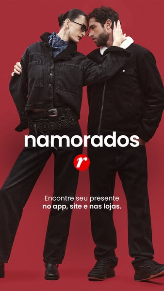 This image ad showcases a fashionable couple dressed in complementary black denim outfits against a red background. The 