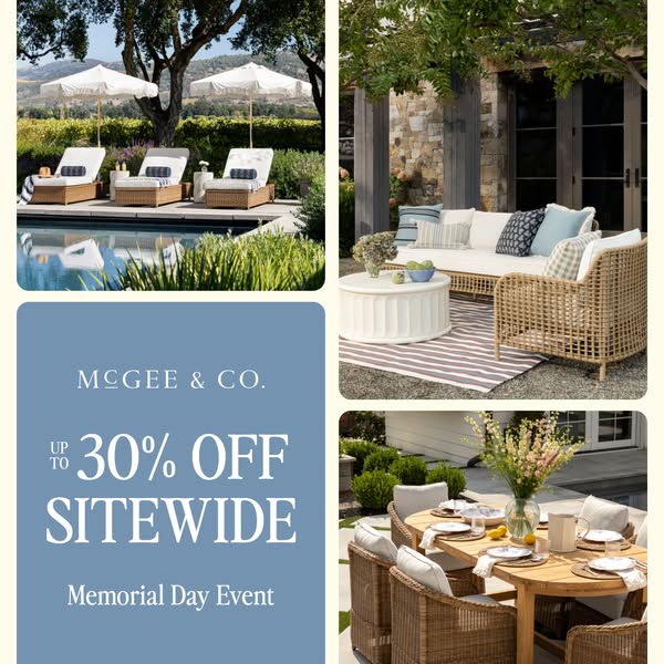 This ad for McGee & Co. features a 4-image collage of outdoor furniture arranged in outdoor living spaces. The ad pr