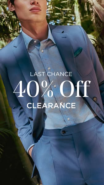 This image ad promotes a sale on men's formal wear. The ad features a close-up shot of a man wearing a blue suit and