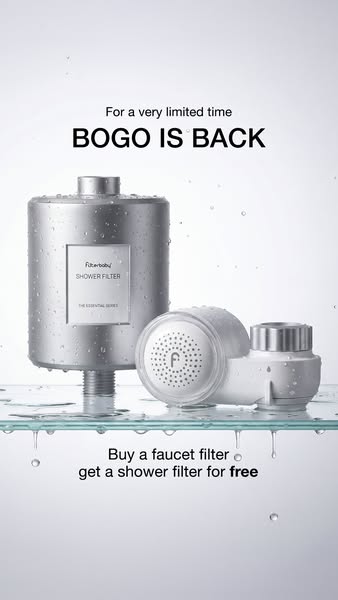 Image ad for Filterbaby promoting a limited time BOGO deal. Buy a Filterbaby faucet filter, get a Filterbaby shower filt