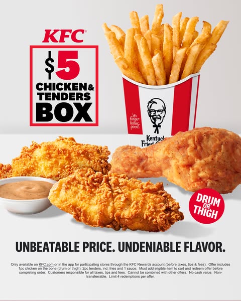 This image ad from KFC promotes a limited-time offer for a $5 Chicken & Tenders Box, available through the KFC Rewar