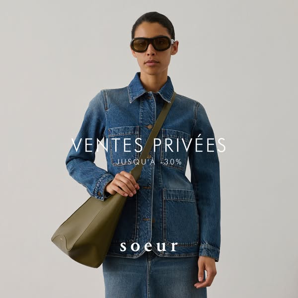 This ad for Soeur features a model wearing a denim jacket and skirt, along with a shoulder bag from the brand. The text 