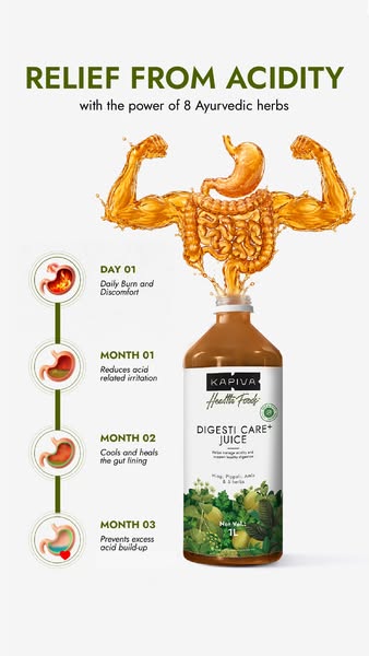This image ad for Kapiva's Digesti Care+ Juice highlights how the product relieves acidity over time by showing the 