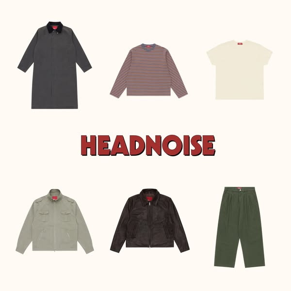 The ad features an array of Headnoise branded clothing items that are laid out on a cream background. The items included