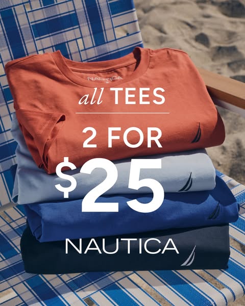 This image ad features a stack of four folded Nautica brand t-shirts on a blue and white striped lawn chair against a sa