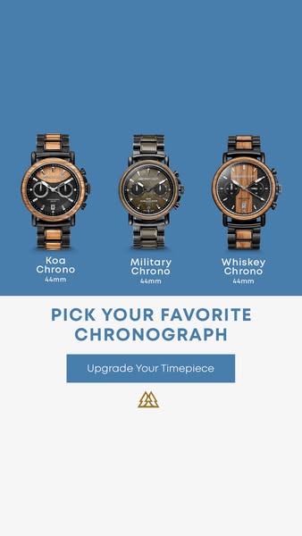 This ad showcases three different chronograph watches and encourages the viewer to pick their favorite and upgrade their