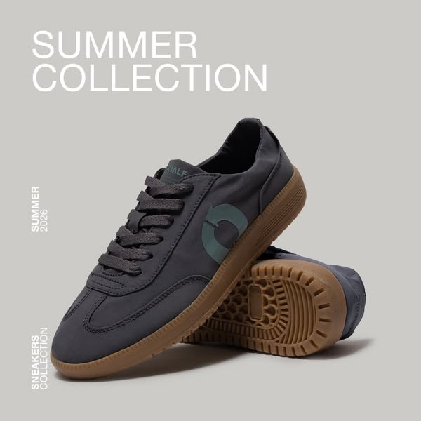 This ad showcases the Summer 2026 sneaker collection by the brand RIALF with two gray sneakers with brown soles on a gra