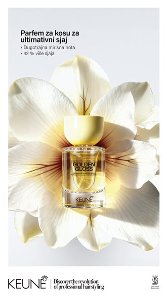 This image ad for KEUNE's Golden Gloss hair perfume features a close-up product shot set against a large white flowe