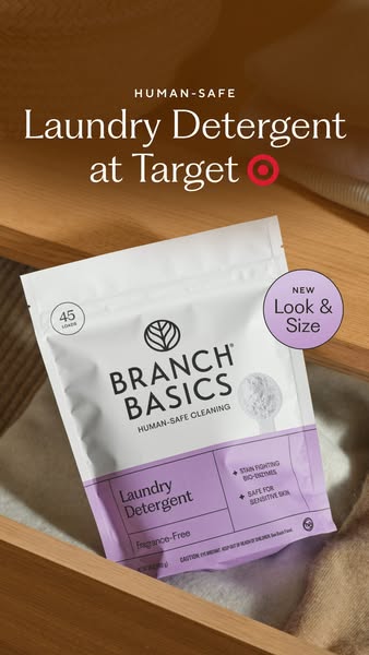 A Branch Basics laundry detergent ad promoting the new look and size sold at Target.