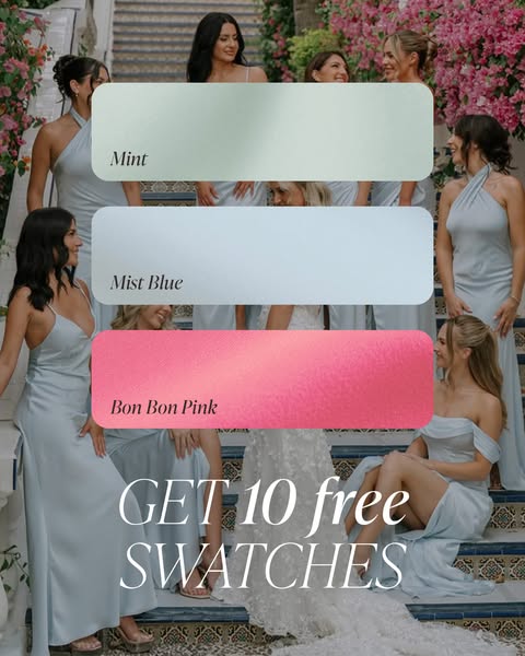 This image ad features a group of women in light blue bridesmaid dresses, standing and sitting on a staircase decorated 