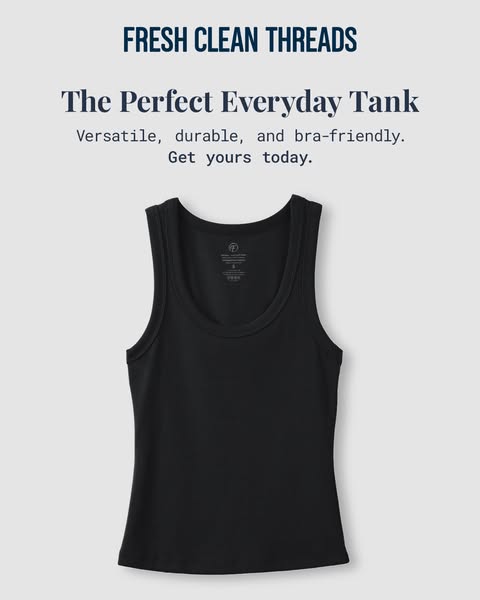 This ad showcases a versatile black tank top suitable for everyday wear. It highlights the garment's durability and 