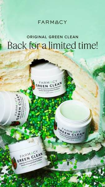 An image ad for Farmacy's Green Clean makeup cleansing balm. The image has a green color scheme and features the pro