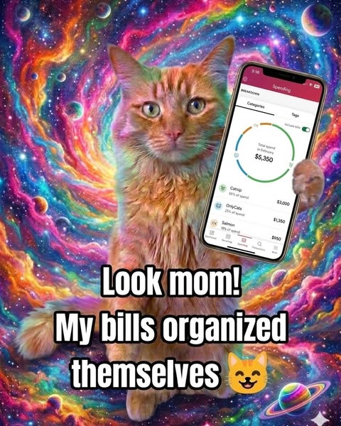 This image ad employs humor to present the value of this app by depicting a cat claiming its bills organized themselves.