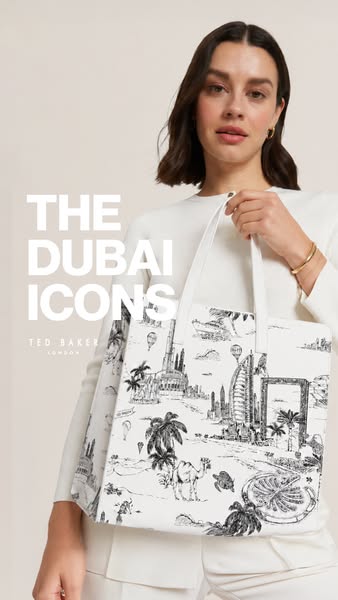 This image ad features a woman holding a Ted Baker London tote bag that is part of "The Dubai Icons" collectio